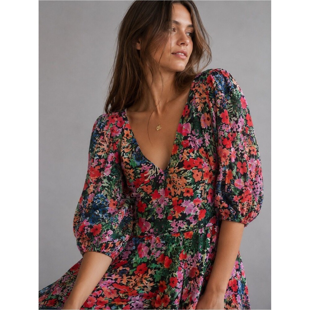 Topshop Floral Mini Dress Puff Sleeve Black Pink Romantic Cottagecore Size 8